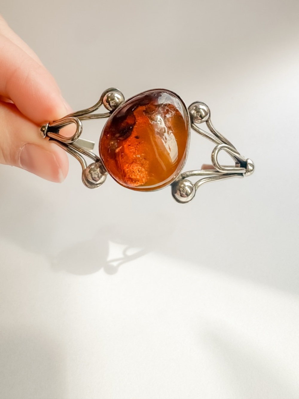 Vintage Silver Cuff Bracelet with Natural Oval Baltic Amber Stone Bezel Setting - Picture 7 of 8